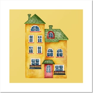 YELLOW VILLAGE HOUSE WATERCOLOR Posters and Art